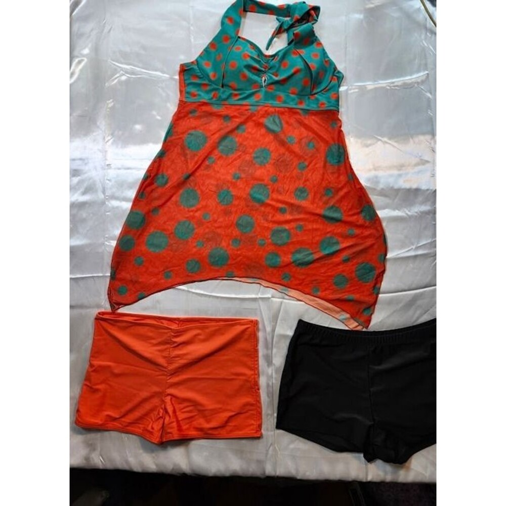 Tankini Swim Dress Set 3pc XL Orange Teal Polka Dot+Shorts Swimsuit Bikini #202